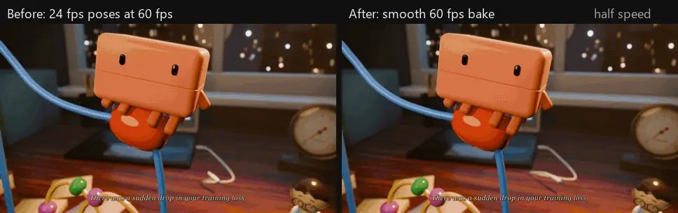 Side-by-side animation at half speed: on the left the orange robot freezes then jumps between poses, on the right it moves smoothly every frame.