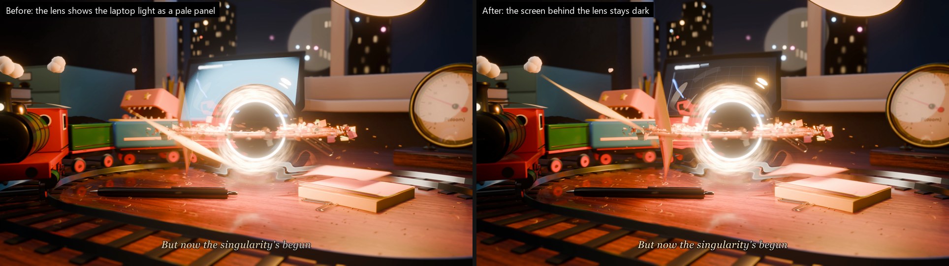 Before and after frames of a glowing black hole over a toy train: before, a pale panel shows through the lens; after, the laptop screen behind it stays dark.