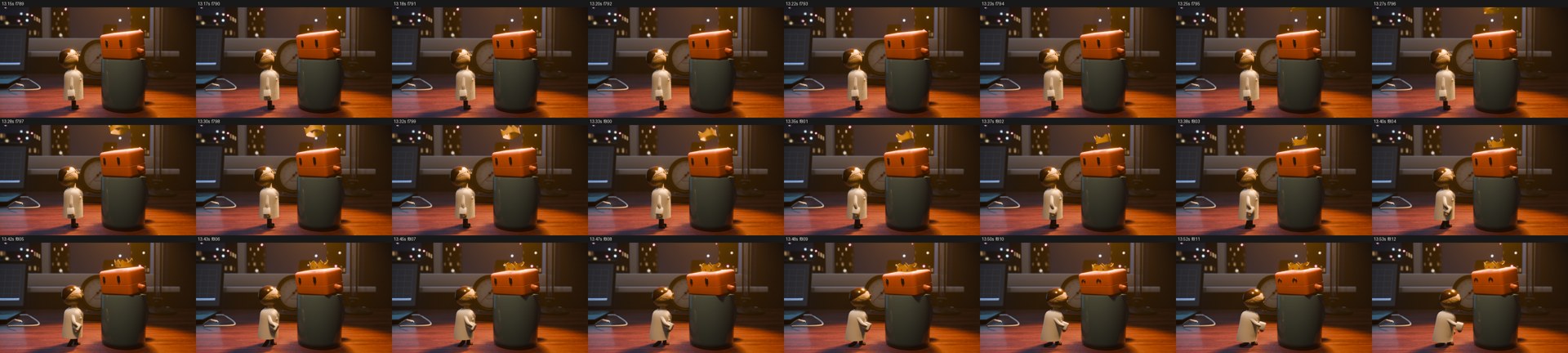 A strip of 24 consecutive small frames showing a crown dropping onto an orange robot's head, rendered as a quick check.