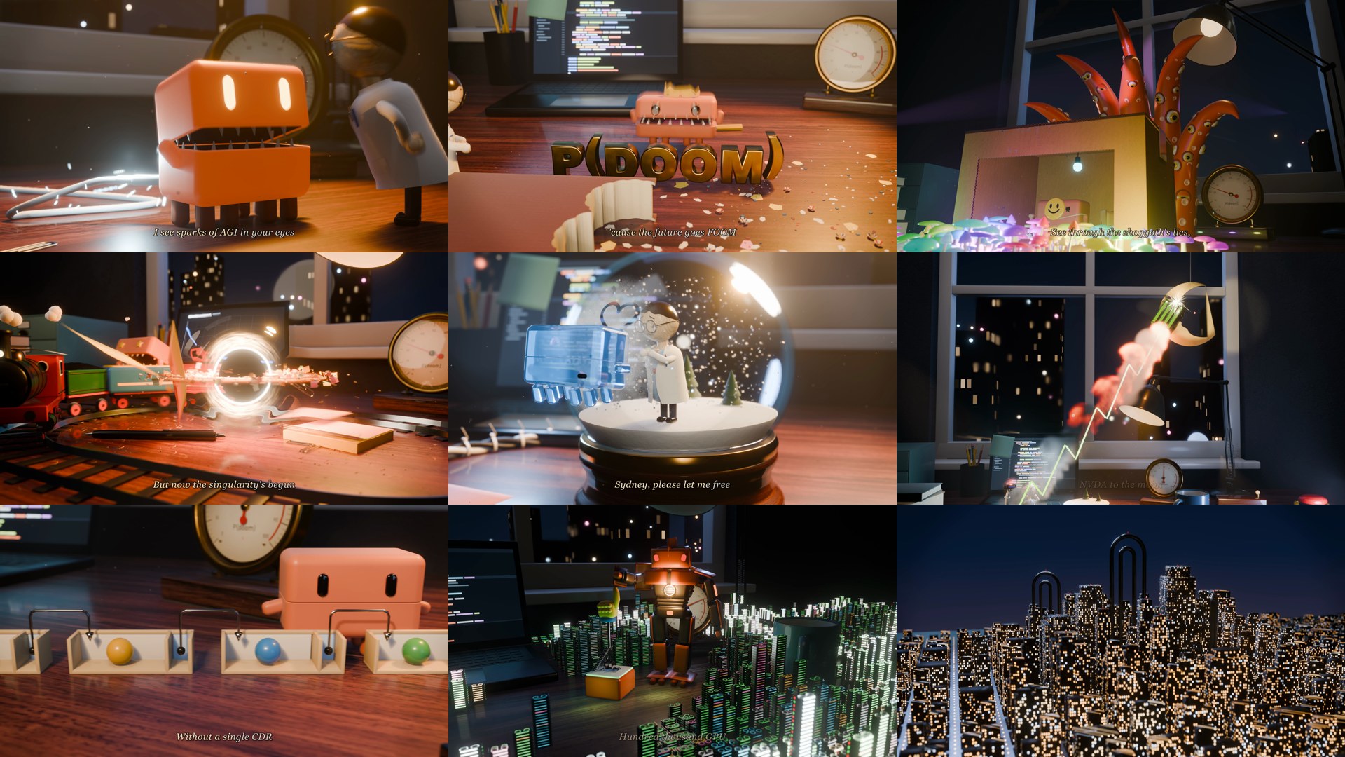 A grid of nine frames from a stop-motion-style Blender music video: an orange robot, a P(doom) title, a black hole over a toy train, a snow globe, a rocket to the moon, and a city of paperclips.